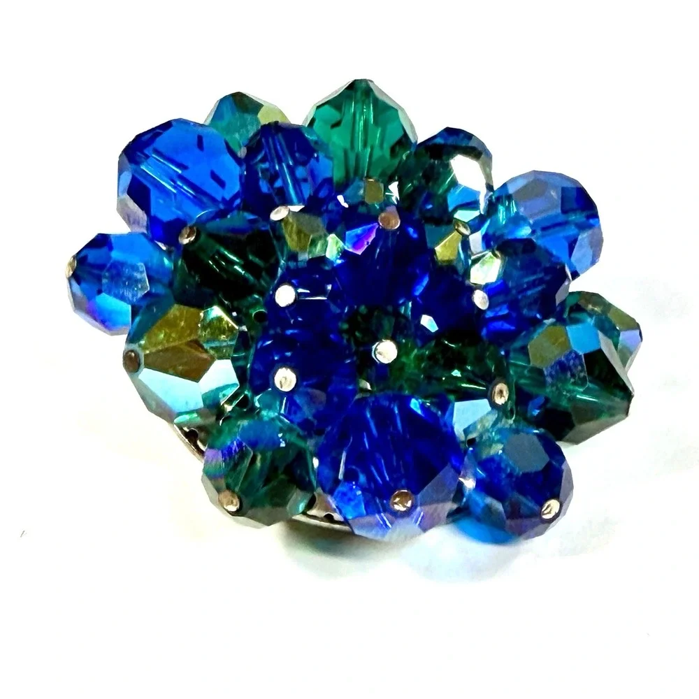 Vintage Blue Green AB Faceted Crystal Cluster Brooch Pin Flower Statement 1 1/2
